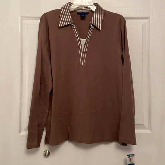 NWT KAREN SCOTT Pullover Top Brown with Stripes Accents - Picture 1 of 7